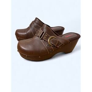 Vtg Y2K Bongo Brown Faux Leather Mules Strappy Platform Clogs